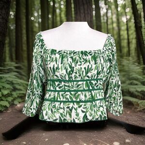 Allie Rose Off Shoulder Smocked Ruffle 3/4 Sleeve Tunic Top Leafy Print Blouse